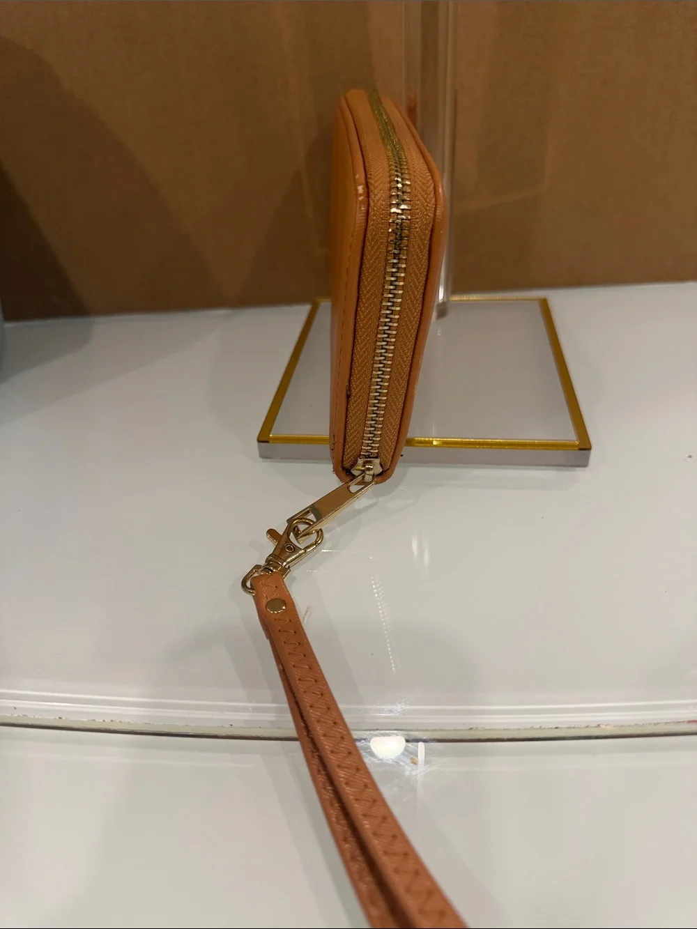 Tory Burch Caramel Tan Wristlet with Gold Logo Medallion